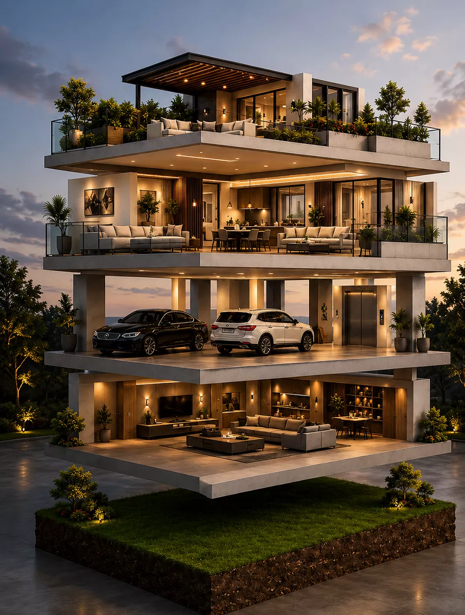 VLPL Floors cutaway showing all levels — basement, stilt parking, living floor and sky terrace
